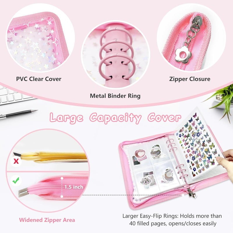 Ruatu Sticker Storage Organizer Binder A5 Sticker Collecting Book Reusable Zipper Album with Clear Laser Star Cover and Pocket Pages (Pink) - Image 2